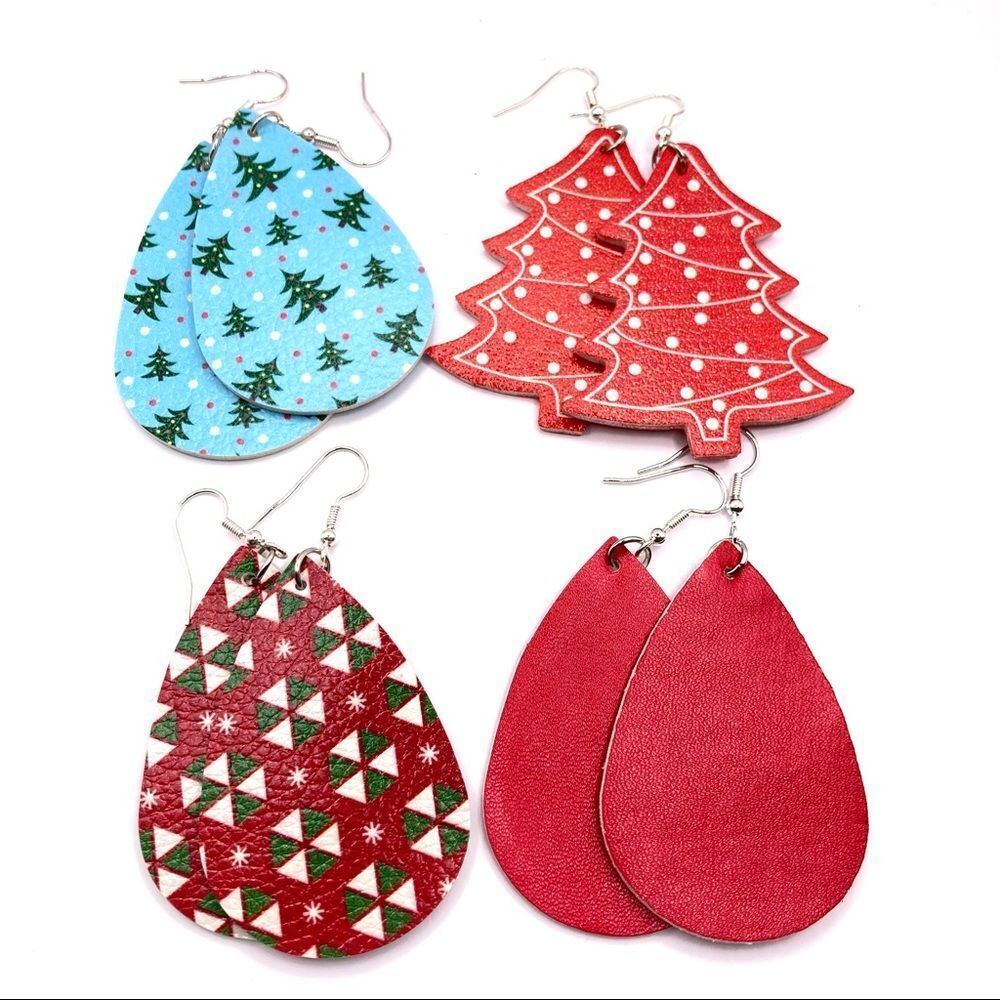 Set of 4 Christmas Holiday Faux Leather Earrings